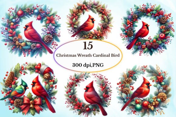 Watercolor Christmas Wreath Cardinal: Graphics and Illustrations for Seasonal Design