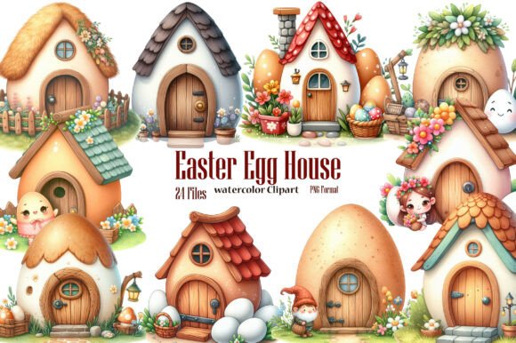 Watercolor Easter Egg House Clipart