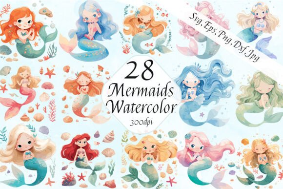Watercolor Mermaid Kids Nursery Clipart