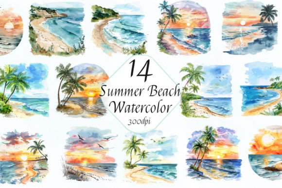 Watercolor Summer Beach Sunset Clipart: Graphics for Creative Selling