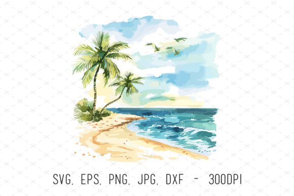 Watercolor Tropical Beach Landscape Png: Graphics for Editorial & Web Design